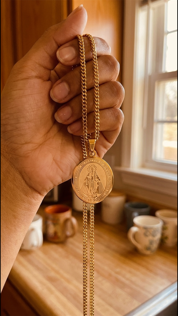Holding the gold Miraculous Medal pendant