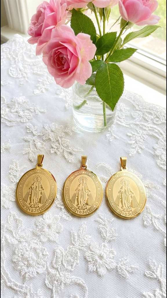 Three gold Miraculous Medal pendants on lace tablecloth
