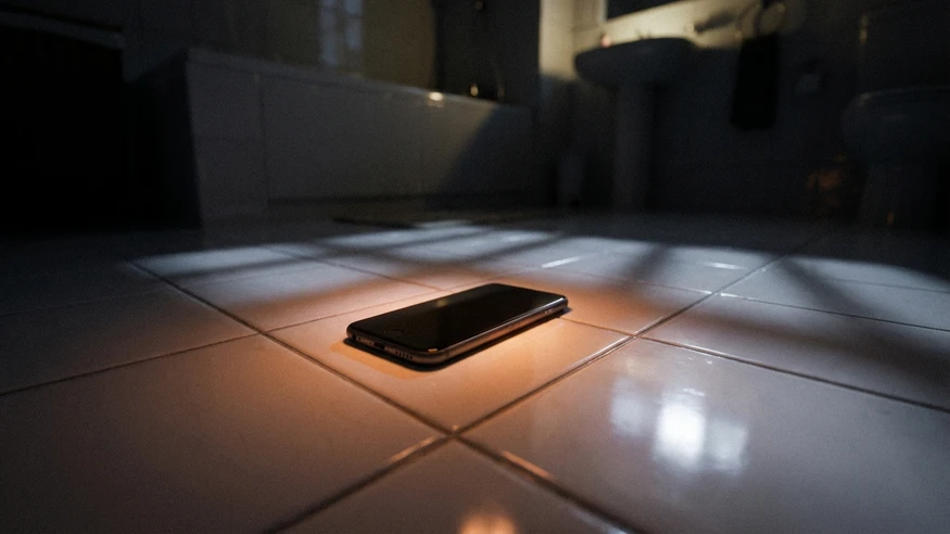 content-01 A dimly lit bathroom at night, phone glowing on the floor