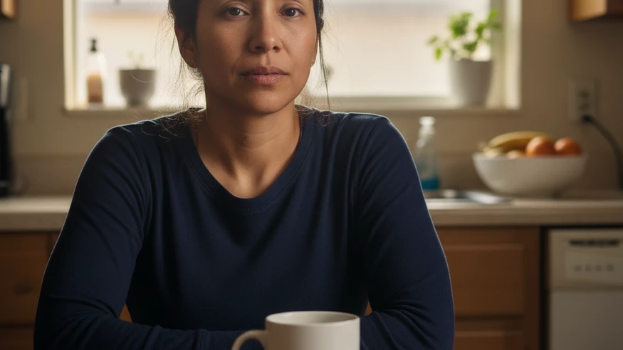 content-03 A woman alone at a kitchen table, coffee untouched