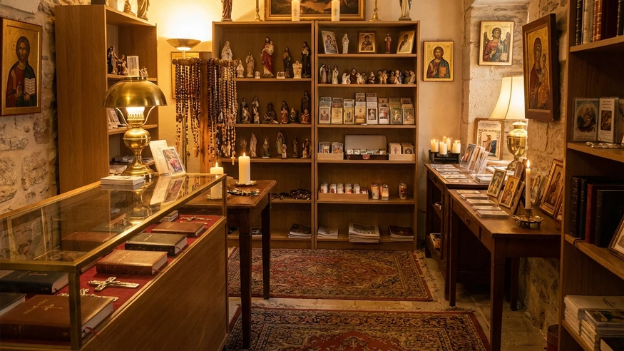 content-04 A small warm Catholic gift shop interior with candles and religious items