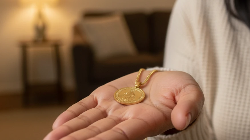 content-05 Close up of the Miraculous Medal pendant with golden Virgin Mary engraving