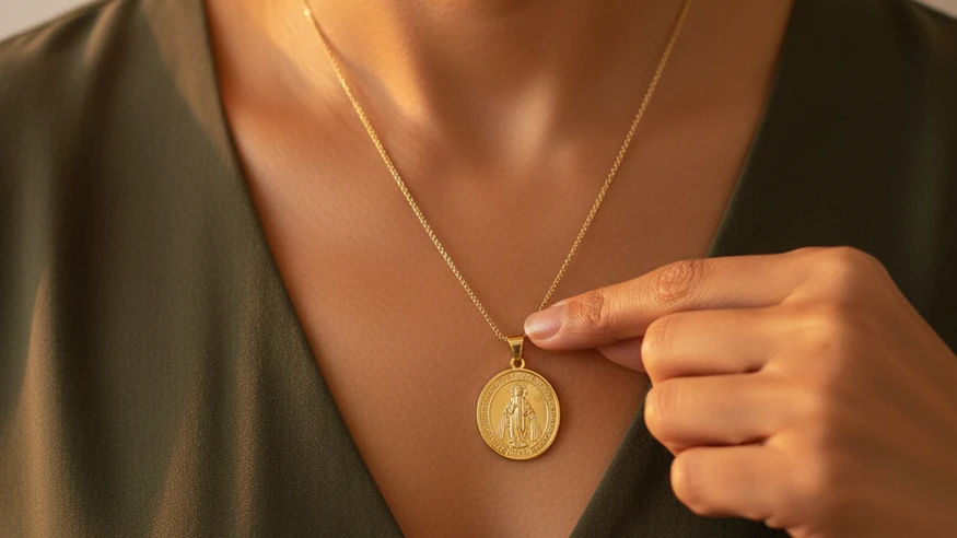 content-06 A woman's hand gently touching a gold pendant at her collarbone